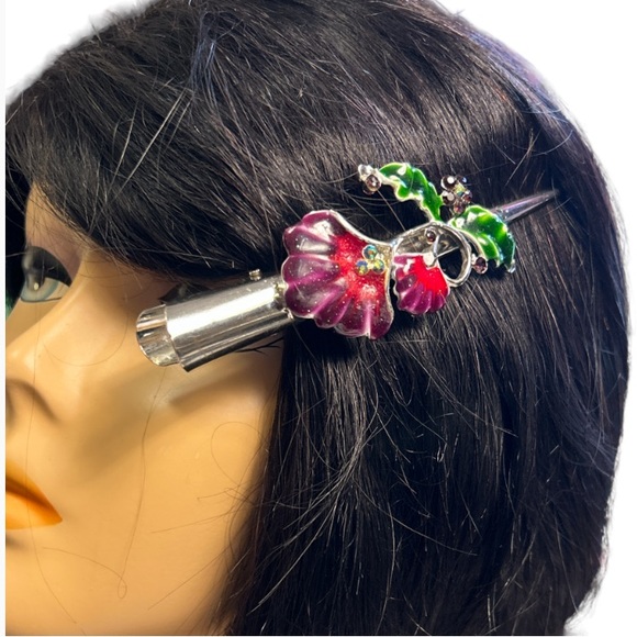 Hair Clip Large Floral Duck Bill Silver purple 5.1" Length Size with Teeth - Picture 5 of 12